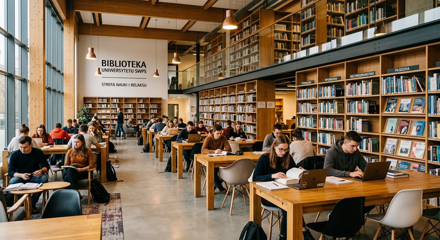 SWPS University library interior, modern open-plan study space, students reading at wooden desks, bookshelves with academic journals, warm ambient lighting