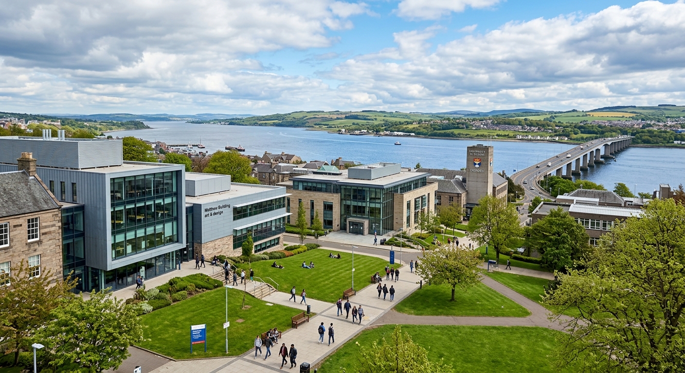 University of Dundee campus in Scotland with modern academic buildings, green lawns, and the River Tay visible in the background under a partly cloudy sky