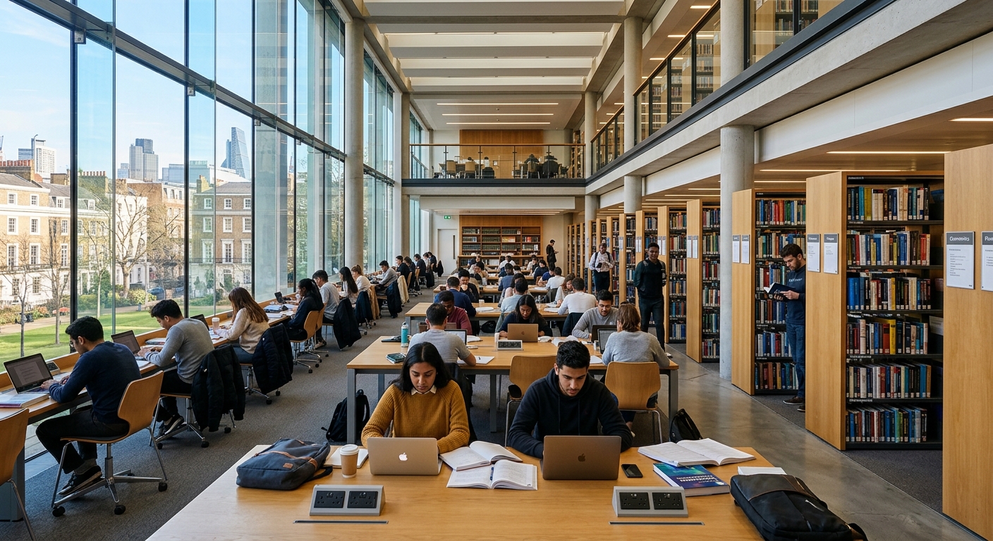 Bayes Business School library and learning resource centre, rows of bookshelves, students studying at desks, natural light through large windows