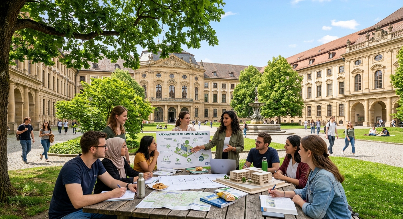 Historic University of Würzburg campus in Bavaria with baroque architecture, green courtyards, and international students collaborating outdoors on sustainability projects under a clear European sky