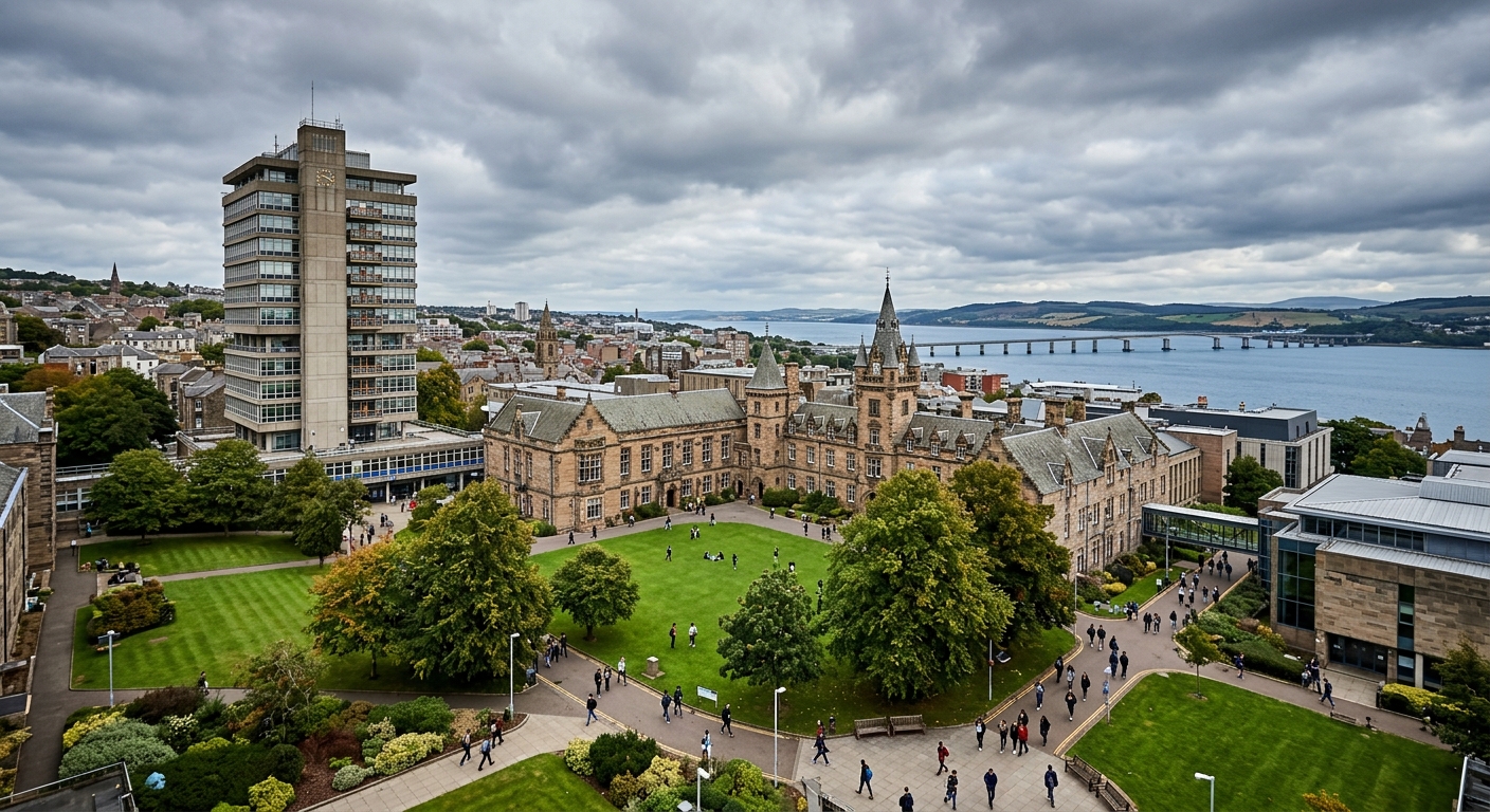 University of Dundee main campus wide shot showing the Tower Building and Geddes Quadrangle with Victorian and modern architecture, green campus lawns, River Tay estuary visible in background, overcast Scottish sky