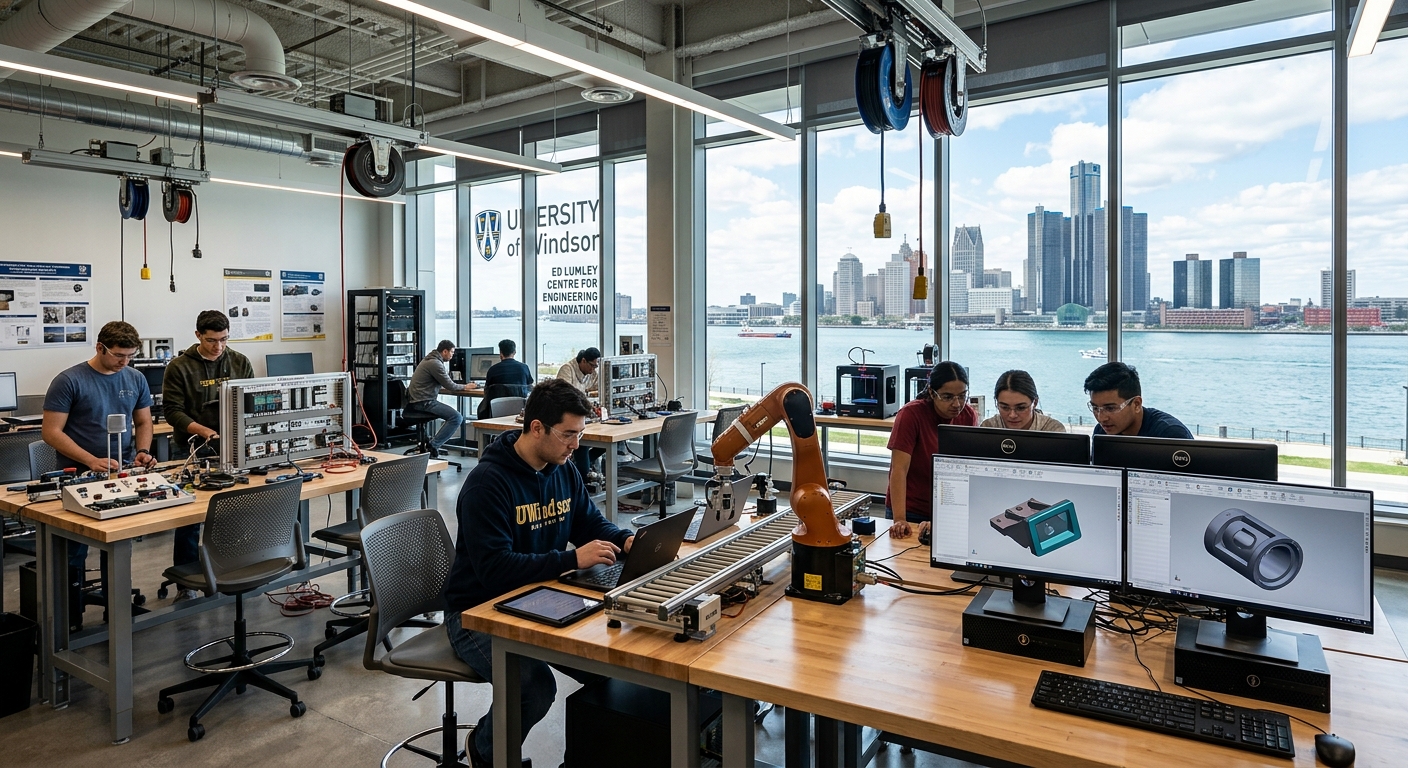 Modern engineering laboratory at the University of Windsor Ed Lumley Centre for Engineering Innovation, students working with mechatronics equipment and CAD workstations, large windows overlooking the Detroit River, bright industrial-academic setting