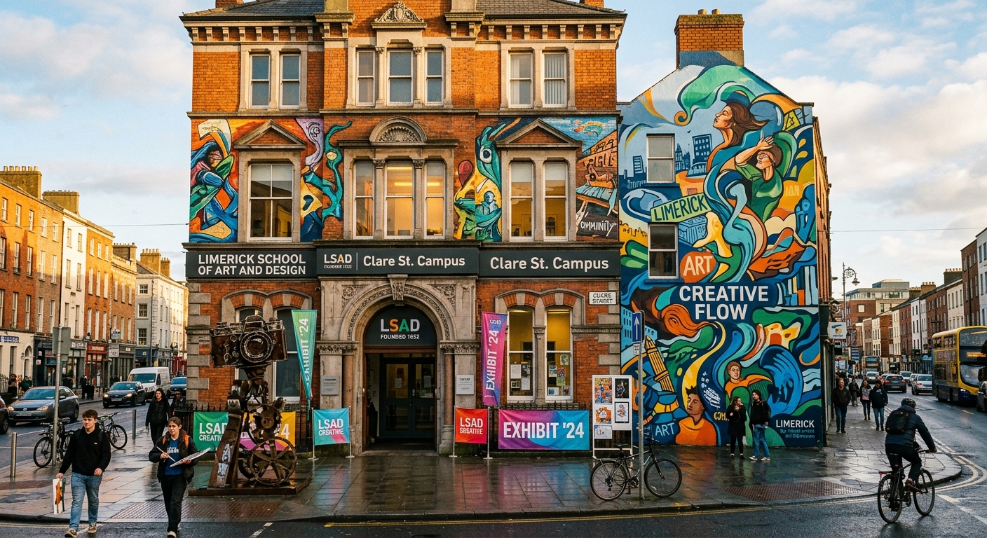 Limerick School of Art and Design historic building facade, Clare Street campus, artistic murals and creative installations, urban Irish city centre setting
