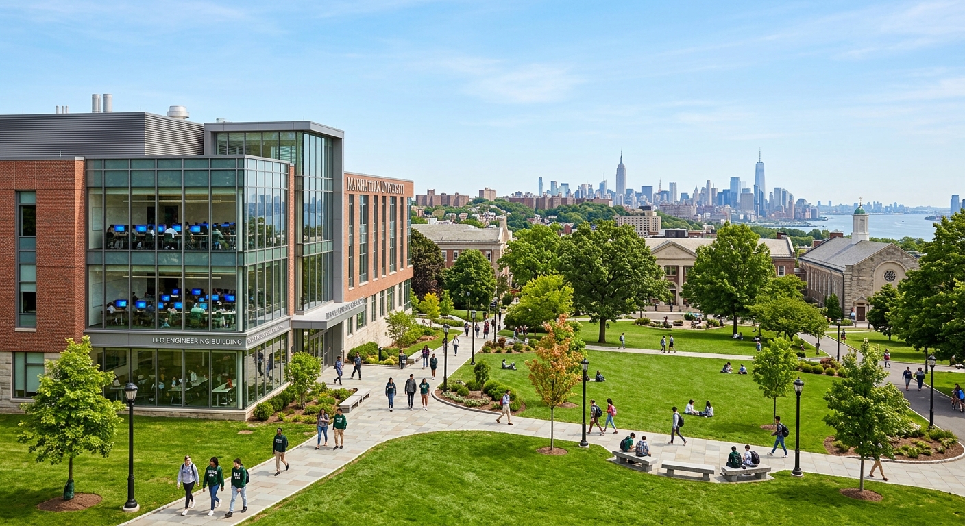 Manhattan University campus in Riverdale, New York, featuring the School of Engineering building with modern computer labs, green quad area, and views of the Bronx skyline under clear skies