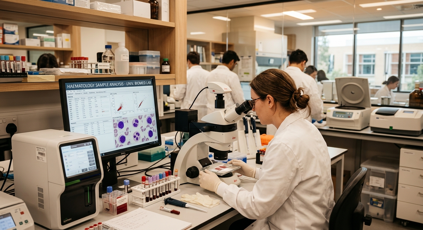 Modern university laboratory setting with microscopes and blood sample analysis equipment, digital screens showing haematology data, professional biomedical science environment with warm lighting