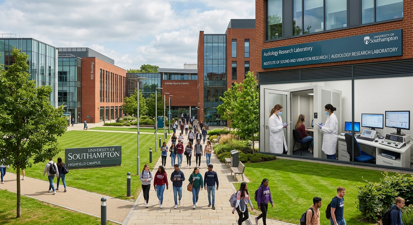 University of Southampton Highfield Campus with modern academic buildings, green lawns, and students walking along pathways, audiology research laboratory visible in background with hearing assessment equipment