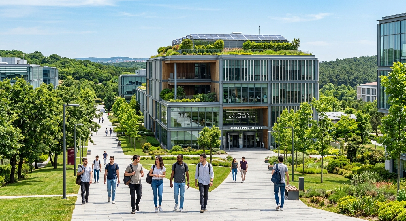 Modern Özyeğin University Çekmeköy campus in Istanbul with green sustainable architecture, engineering faculty building, students walking along tree-lined pathways, bright daylight, contemporary glass and steel structures