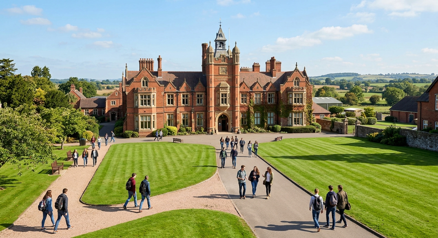 Harper Adams University main campus building, red brick Victorian architecture, green lawns, students walking on pathways, sunny day in Shropshire countryside