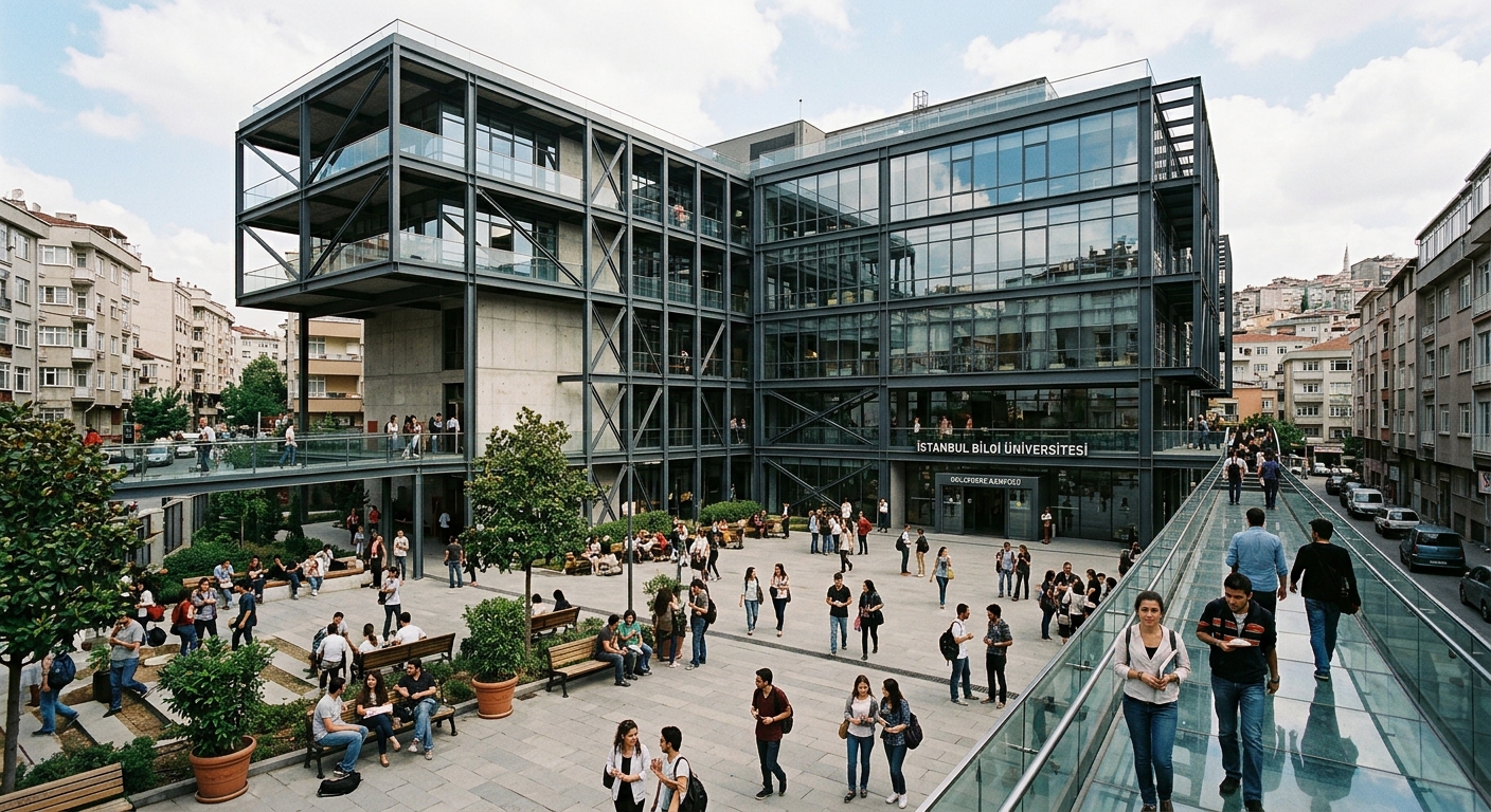Dolapdere Campus of Istanbul Bilgi University near Taksim, award-winning steel and glass modern architecture, urban setting, students in open courtyard