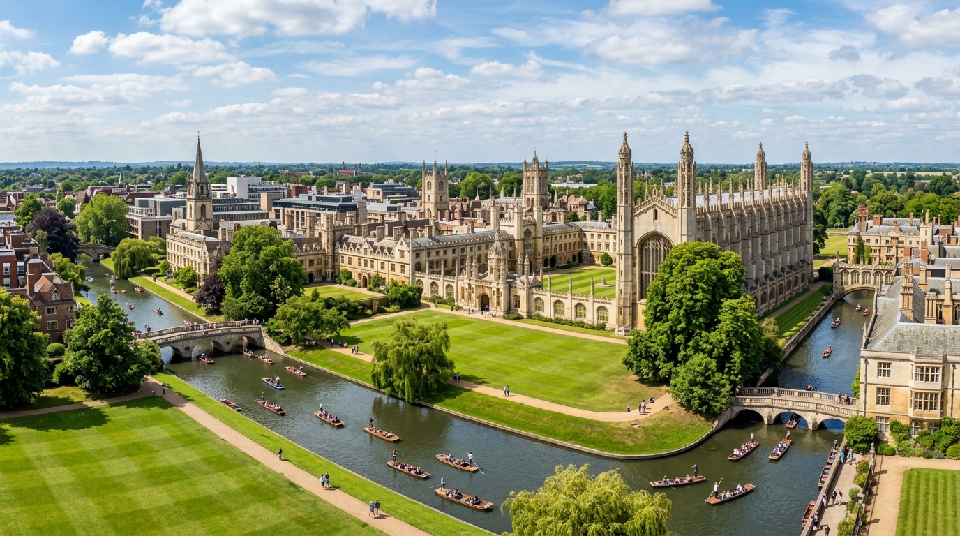 Cambridge city panoramic view, historic college spires, River Cam with punting boats, lush green lawns, mix of medieval and modern architecture, sunny English day