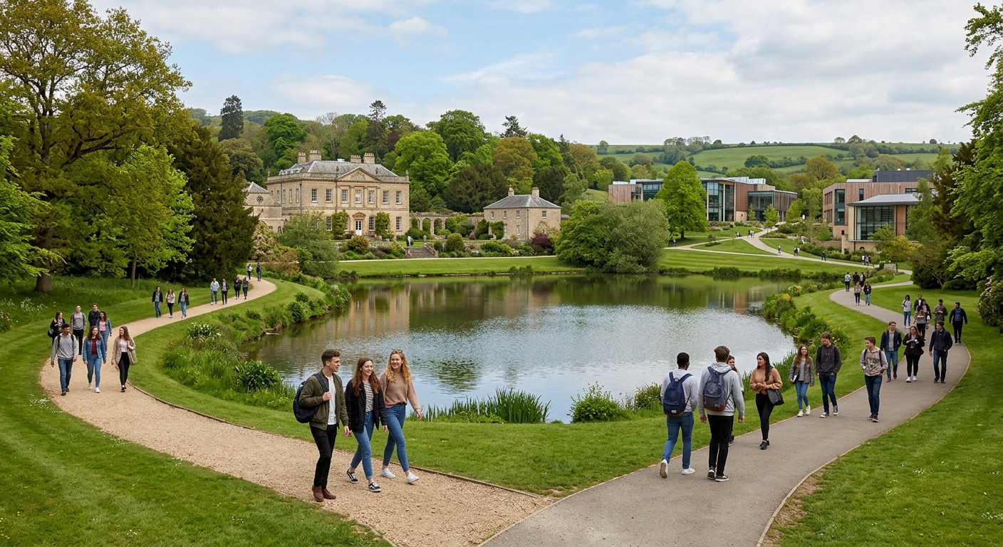 Bath Spa University Newton Park campus with historic eighteenth-century buildings surrounded by green countryside, students walking along pathways near the lake with modern academic facilities in the background