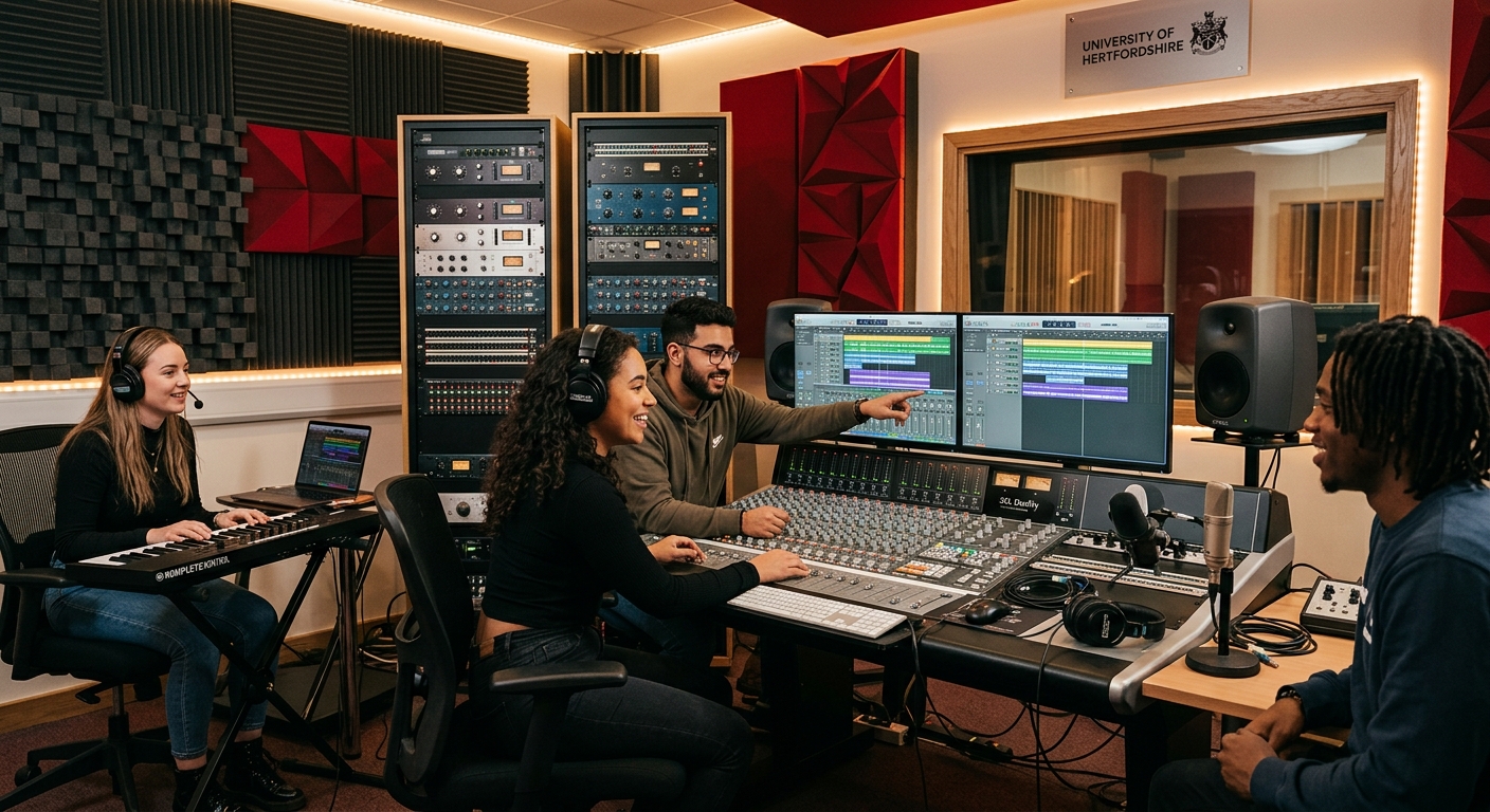 University of Hertfordshire modern music studio with professional mixing console, acoustic panels on walls, students collaborating on music production using DAW software, warm studio lighting with equipment racks visible