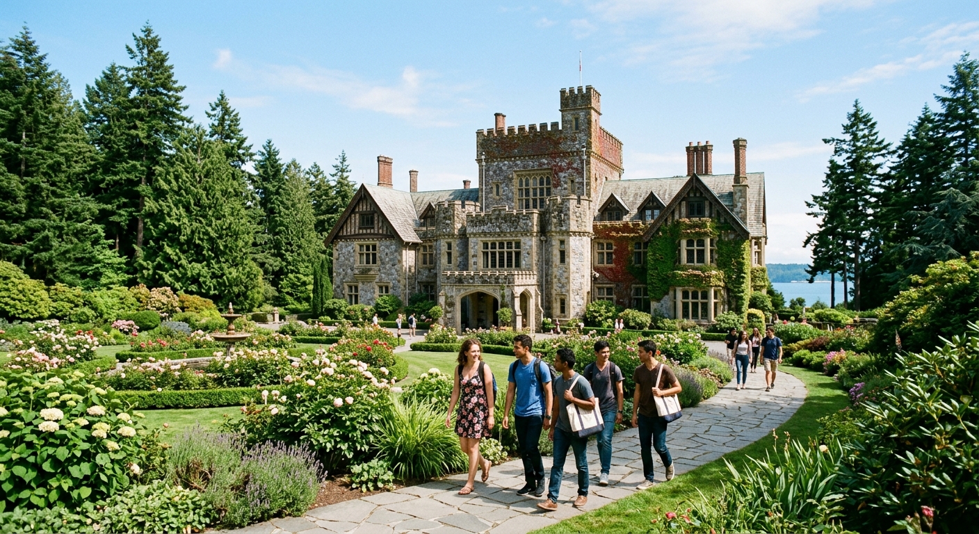 Historic Hatley Castle at Royal Roads University surrounded by lush green gardens and tall evergreen trees on Vancouver Island, British Columbia, with students walking along stone pathways under clear blue sky