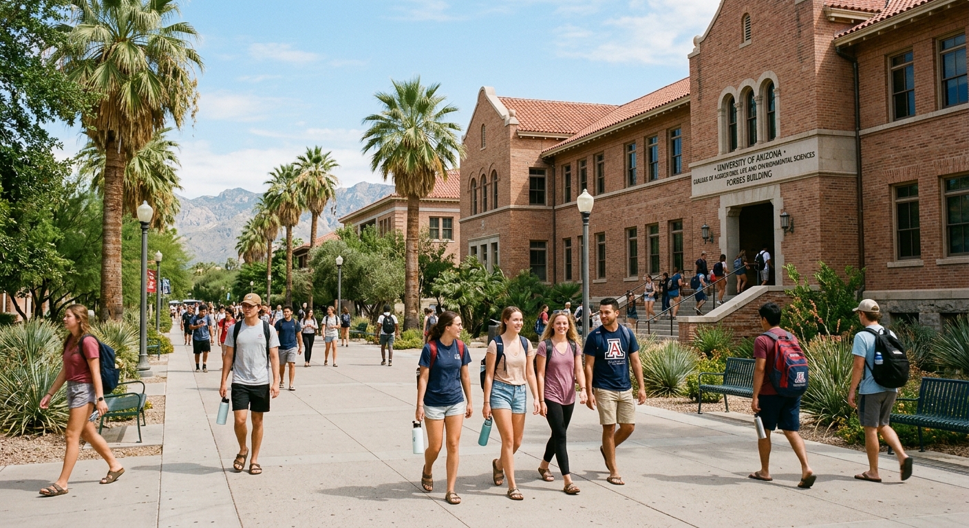 University of Arizona Tucson campus with red brick buildings, palm trees, and students walking along sunny pathways near the College of Agriculture Life and Environmental Sciences