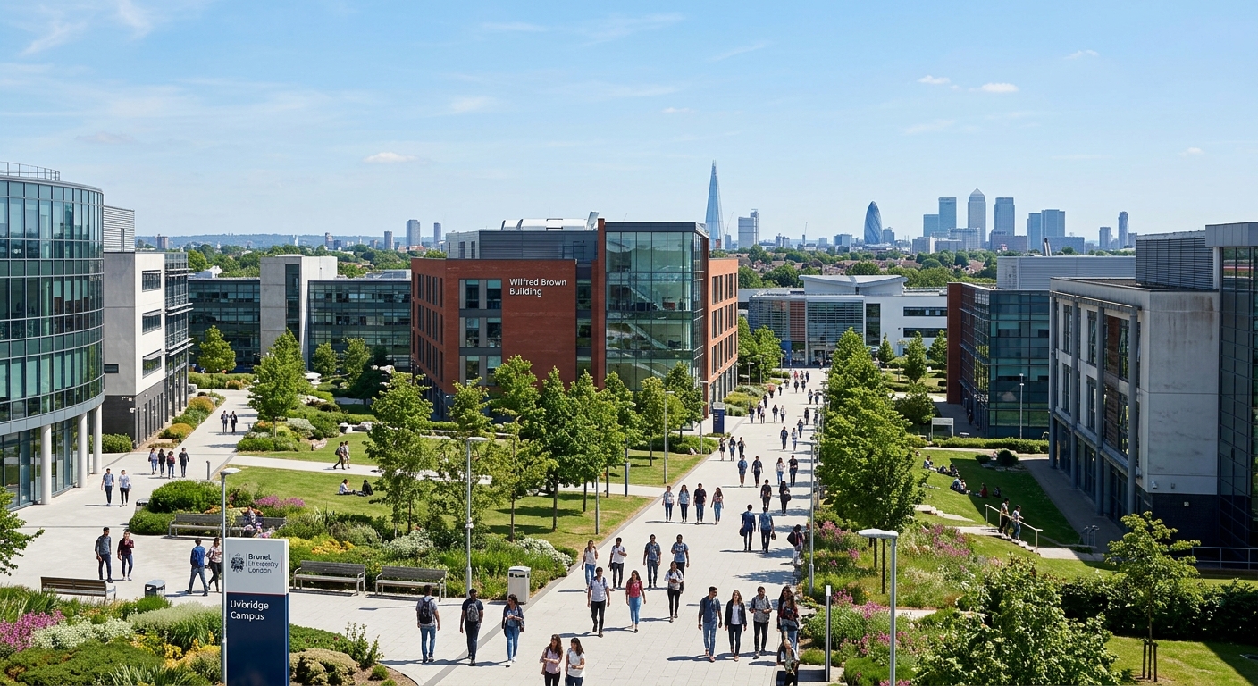 Modern campus of Brunel University London in Uxbridge, featuring contemporary academic buildings, green spaces, students walking between lecture halls, with a clear sky and London skyline in the distance