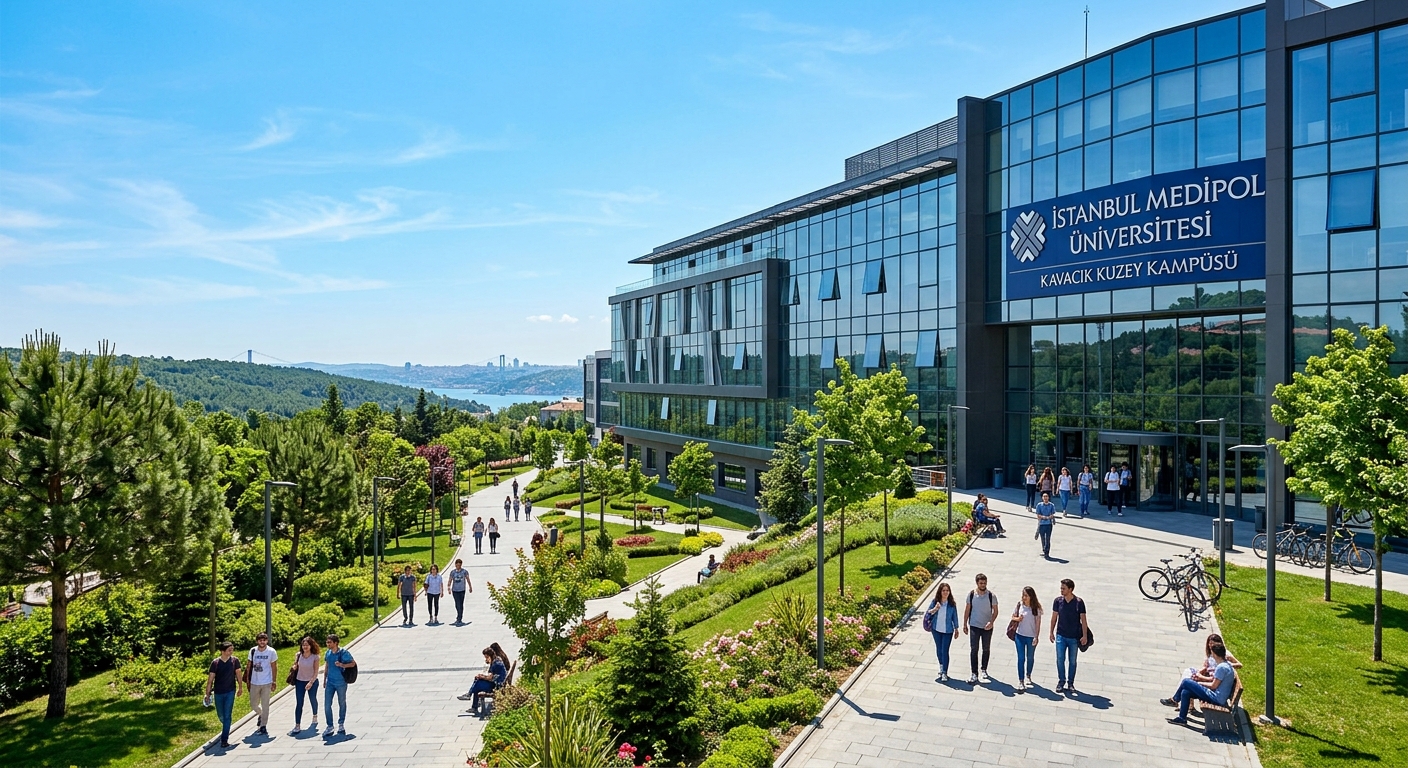 Istanbul Medipol University Kavacık North Campus modern building exterior with glass facades, green landscaping, students walking on pathways, clear blue sky