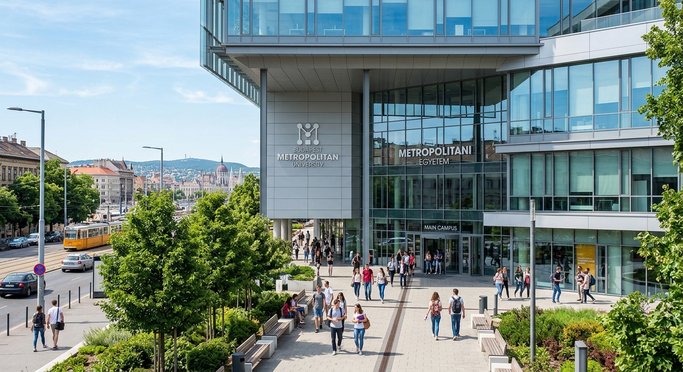 Budapest Metropolitan University main campus on Nagy Lajos király street, modern building facade with large glass windows, students walking on pathways, green trees lining the entrance, clear blue sky over Budapest cityscape