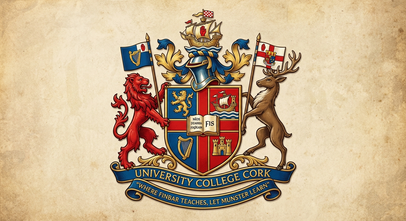 University College Cork official crest featuring the Royal Lion, three ancient Munster subdivisions, Cork city arms, and an open book of learning on a shield