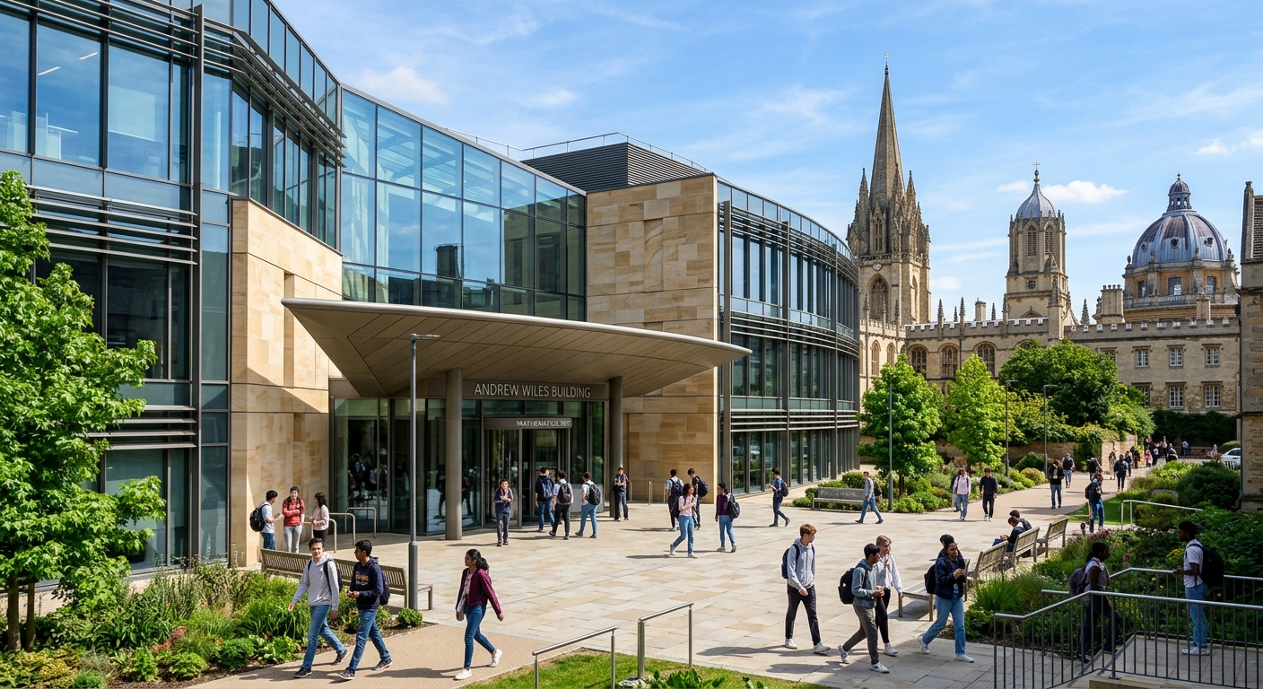 Historic Andrew Wiles Building at the University of Oxford Mathematical Institute, featuring modern glass and stone architecture surrounded by traditional Oxford spires, students walking through the courtyard on a sunny day