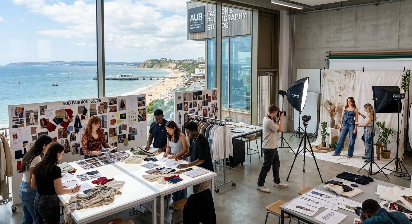 Arts University Bournemouth campus with modern creative buildings, fashion students working on mood boards and photography sets, coastal Bournemouth landscape visible in background, natural daylight streaming through studio windows