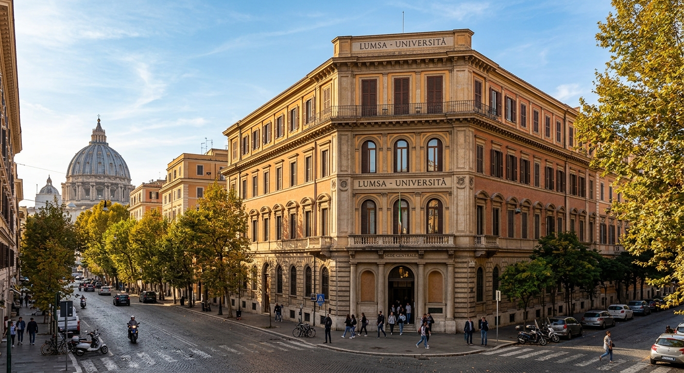 LUMSA University main campus building in the Prati district of Rome, historic Italian architecture near Vatican City, warm Mediterranean sunlight, tree-lined streets, classic Roman facades with arched windows