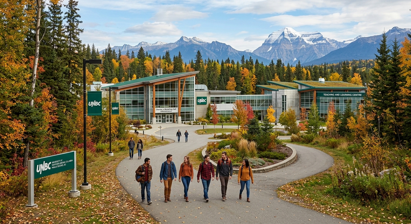 University of Northern British Columbia campus in Prince George surrounded by northern boreal forest, modern academic buildings with mountain backdrop, students walking on pathways during autumn