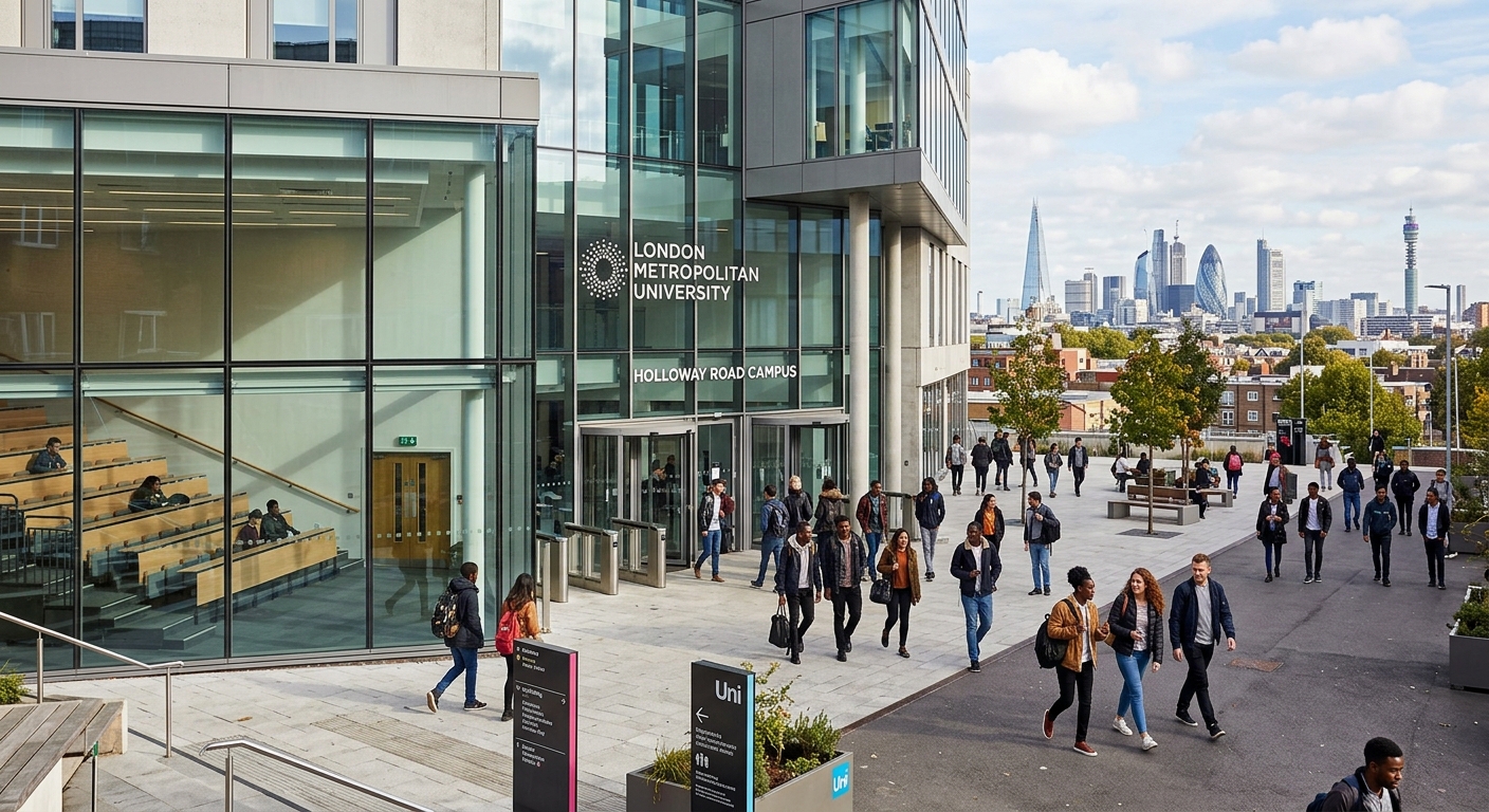 Modern London Metropolitan University campus building in Holloway, London, with diverse students walking through the entrance courtyard, glass-fronted lecture hall visible, urban London skyline in background, bright daylight