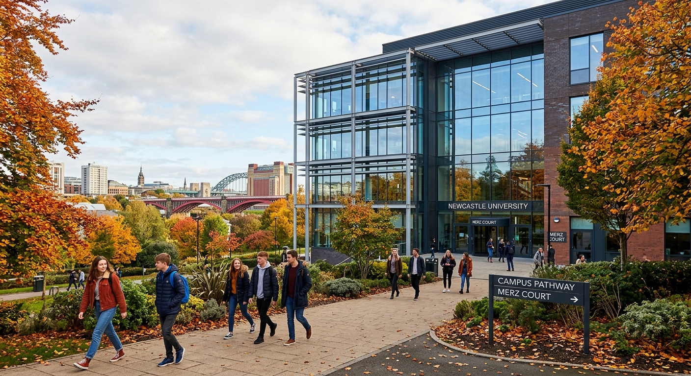 Newcastle University Merz Court engineering building exterior with modern glass facade, students walking on campus pathway, green landscaped grounds with autumn trees, Newcastle upon Tyne cityscape in background