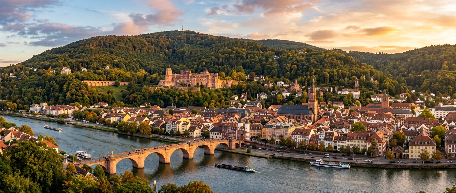 Panoramic view of Heidelberg city with the Neckar River, the Old Bridge (Alte Brücke), red-roofed old town buildings, Heidelberg Castle on the hillside, and the Königstuhl mountain in the background under golden sunset light