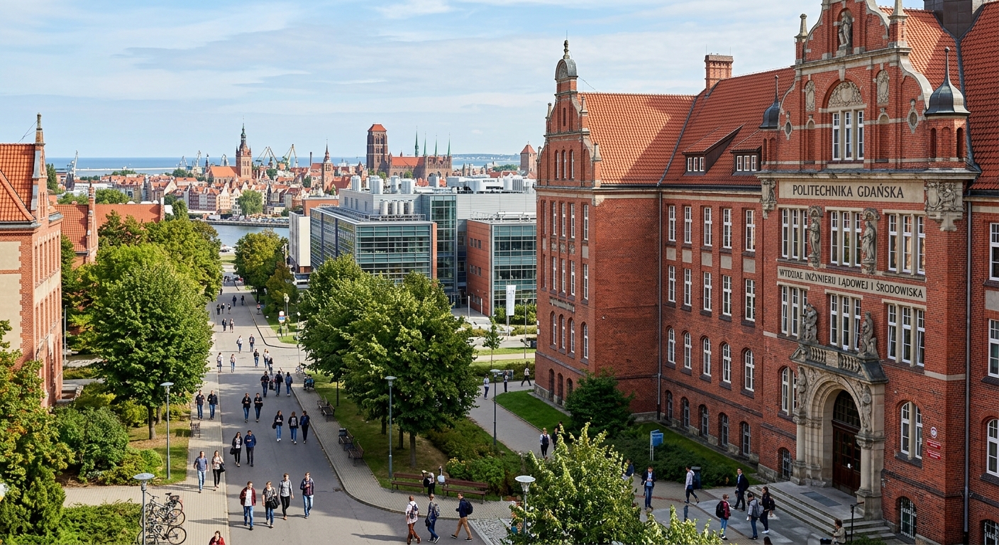 Gdansk University of Technology historic campus buildings with red brick architecture, Faculty of Civil and Environmental Engineering, students walking along tree-lined paths, modern engineering laboratories visible in the background, Baltic coast city skyline
