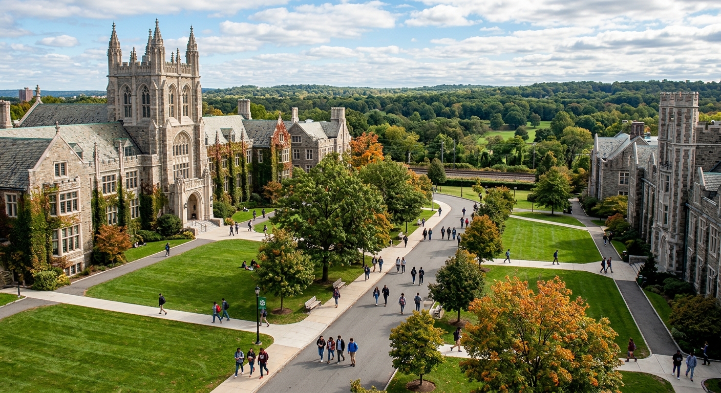 Manhattan University campus in the Bronx, New York City, with historic Gothic-style academic buildings surrounded by green lawns, students walking along tree-lined pathways, Van Cortlandt Park visible in the background
