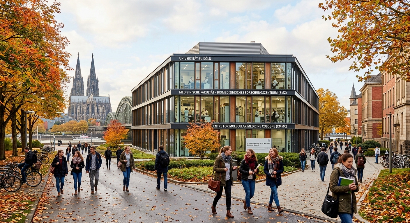 University of Cologne Faculty of Medicine campus building with modern research laboratories, students walking along tree-lined paths in Cologne, Germany, autumn atmosphere with historic architecture in background