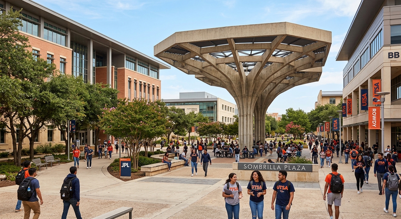 UTSA Main Campus Sombrilla plaza with modern academic buildings, students walking along tree-lined pathways, and the iconic Sombrilla canopy structure