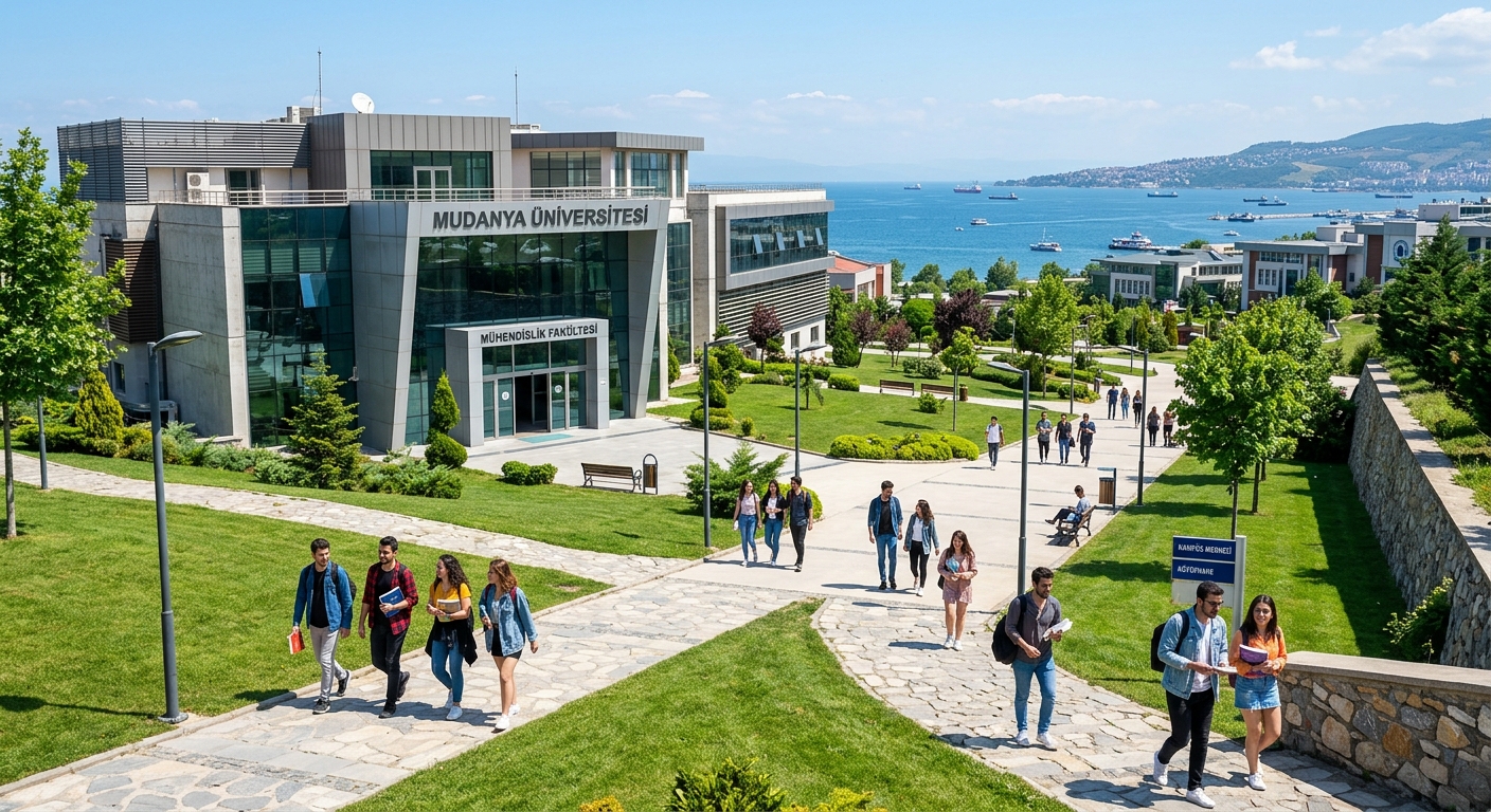 Modern university campus of Mudanya University in Bursa Turkey with green lawns, contemporary engineering building, students walking between classes, Sea of Marmara visible in the background, bright sunny day