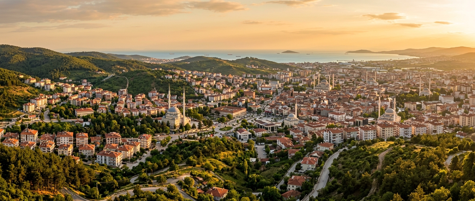 Panoramic view of Balikesir city in northwestern Turkey, green hills, traditional and modern buildings, minarets, Sea of Marmara coastline in the distance, warm golden hour light
