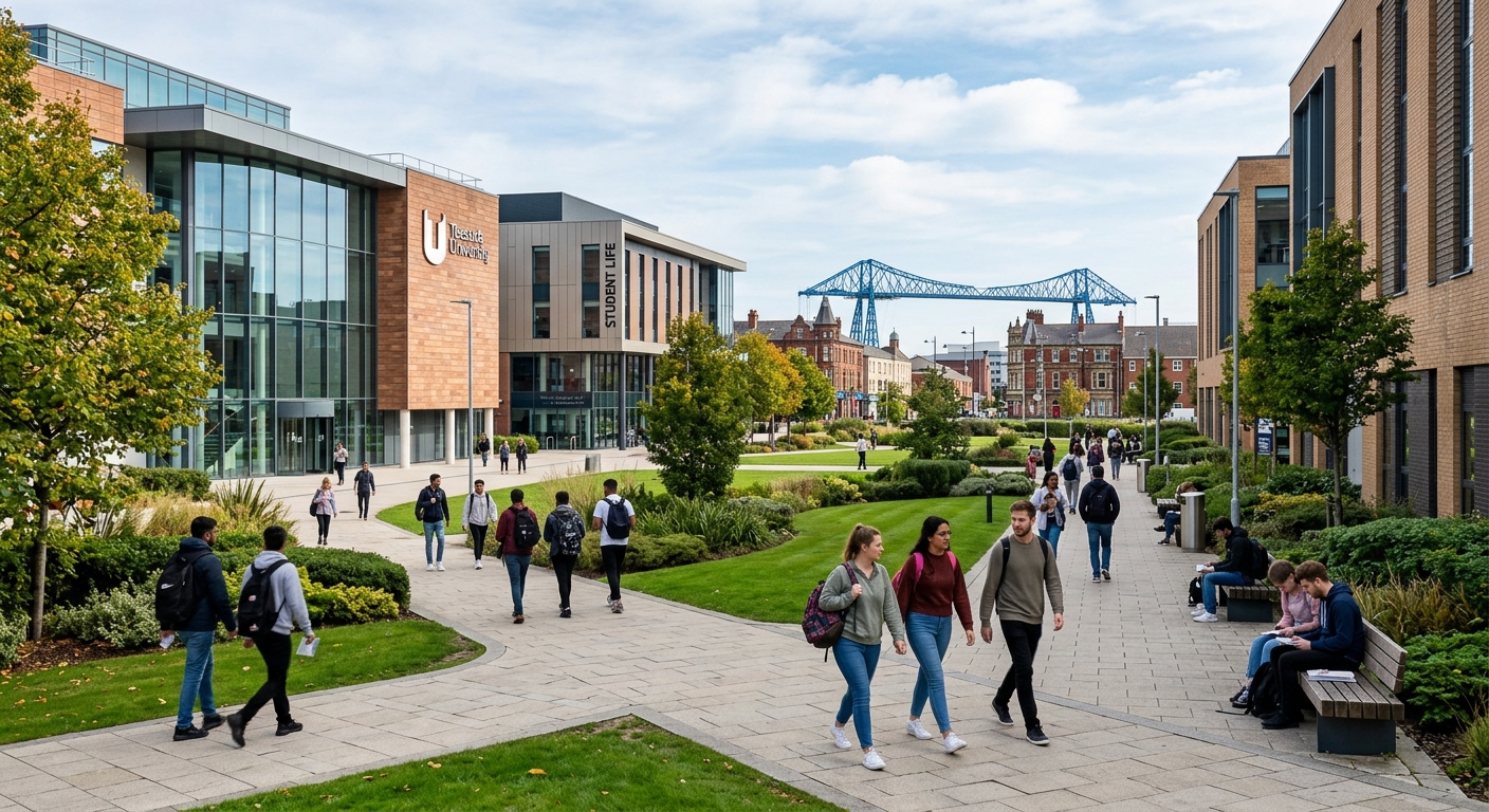 Teesside University modern campus in Middlesbrough, United Kingdom, featuring contemporary glass and brick buildings, green spaces, and students walking along pathways with the university's town-centre setting visible in the background