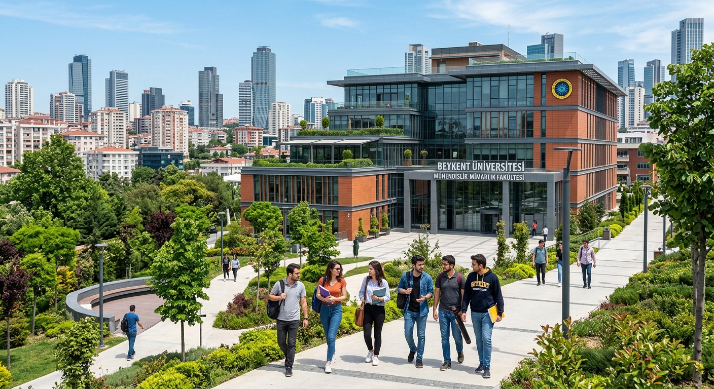 Modern Beykent University Ayazaga-Maslak campus building in Istanbul with engineering students walking on pathways, contemporary architecture, green landscaping, and Istanbul cityscape in the background under clear blue sky