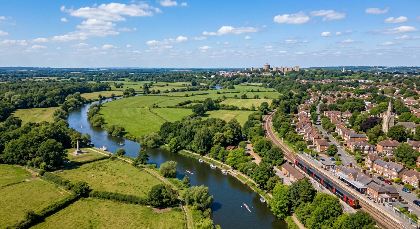 Egham Surrey landscape with River Thames, green countryside, Windsor Castle visible in distance, English suburban town with train station, blue sky