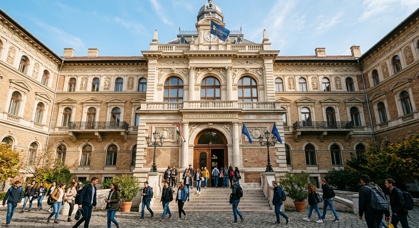 McDaniel College Budapest main building exterior, restored 19th century European school architecture with ornate facade, students walking through the entrance, sunny day