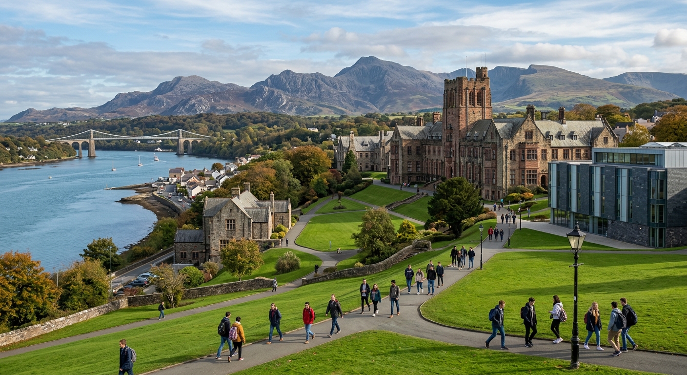 Bangor University campus nestled between Snowdonia mountains and Menai Strait coastline, historic stone buildings with modern facilities, green lawns, students walking along pathways in North Wales