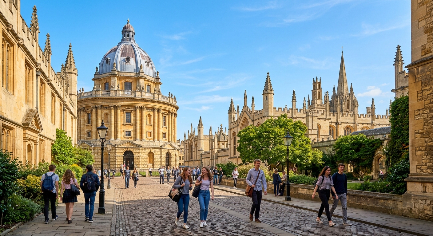 Historic University of Oxford campus with Radcliffe Camera and Bodleian Library in the background, students walking along cobblestone paths, golden limestone buildings under a clear blue sky, Oxford dreaming spires visible