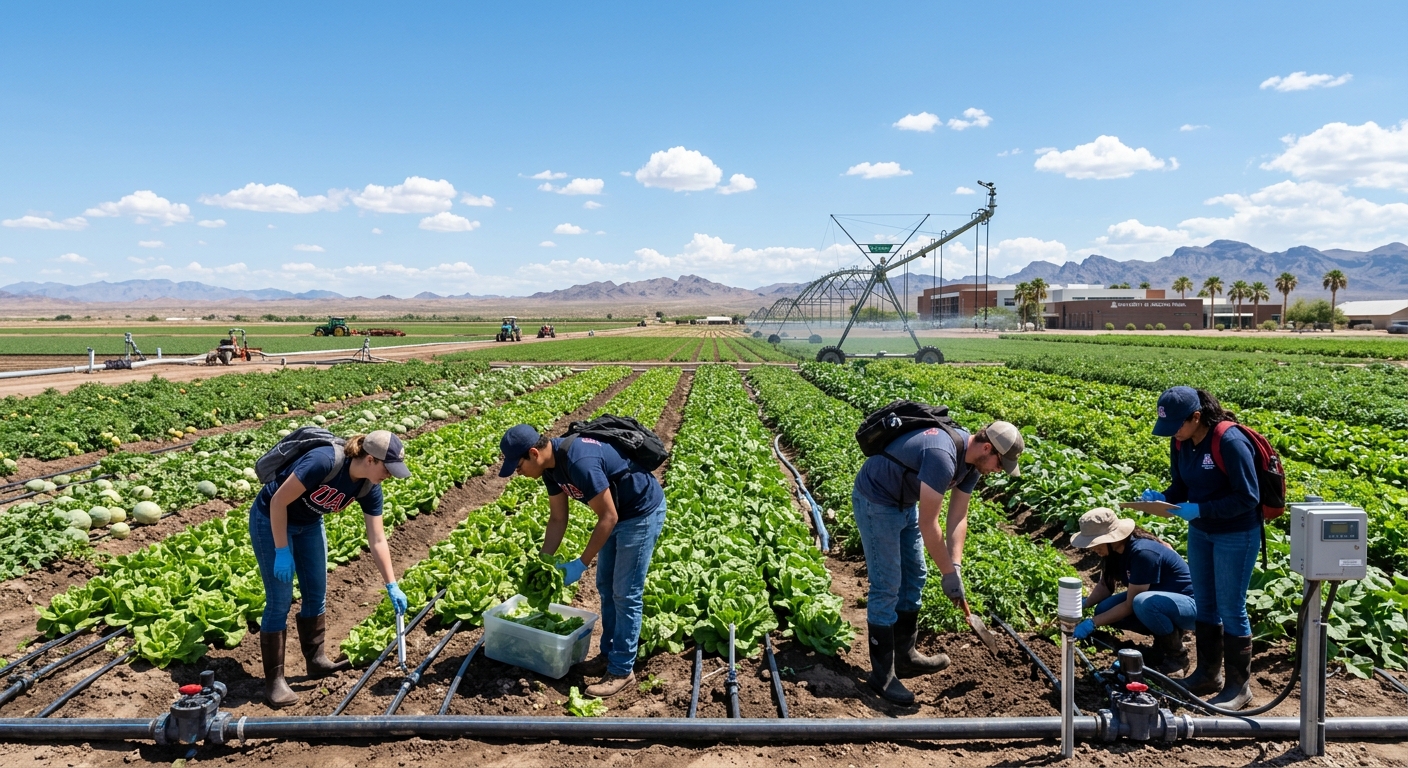 University of Arizona Yuma campus with agricultural fields in the background, students working outdoors with crops and modern irrigation equipment under a bright Arizona sky