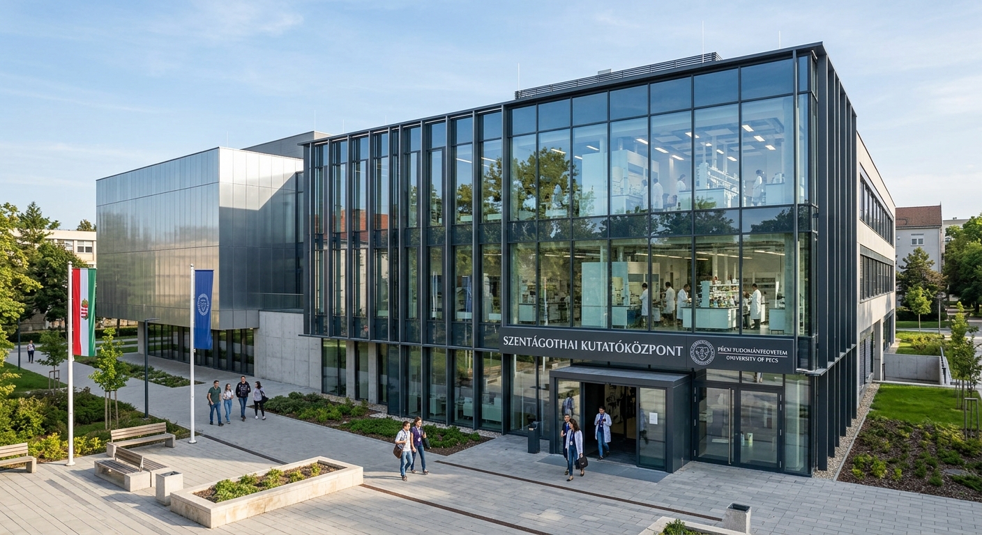 Szentágothai Research Centre at University of Pécs, modern research facility building, glass facade with university branding, scientific research laboratory environment