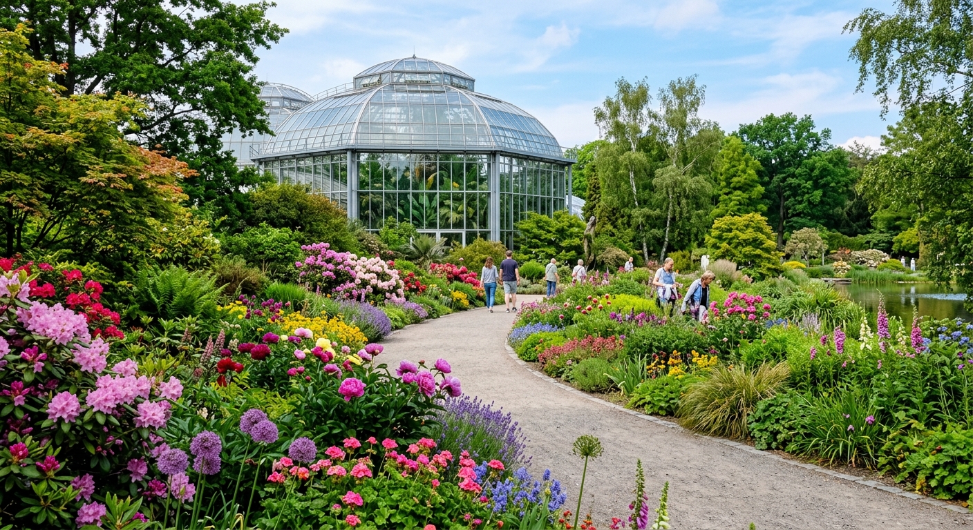 Loki Schmidt Botanical Garden in Hamburg with lush green plants, tropical greenhouse, winding pathways, colorful flowers in bloom