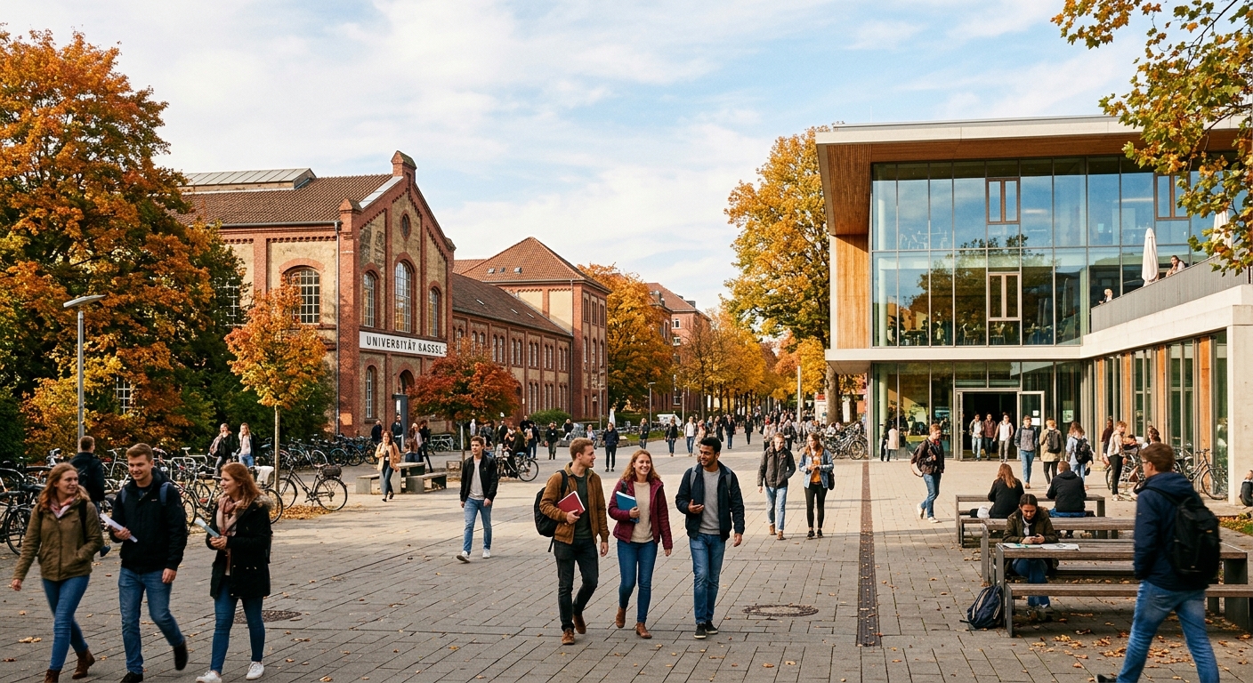 Historic university campus at University of Kassel with modern architecture, students walking through Holländischer Platz campus, autumn trees and red-brick buildings in the background, warm daylight