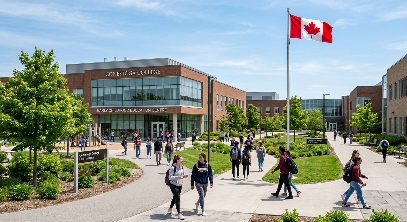 Modern Conestoga College campus in Kitchener Ontario with students walking through green courtyard, early childhood education building visible, bright sunny day with Canadian flag