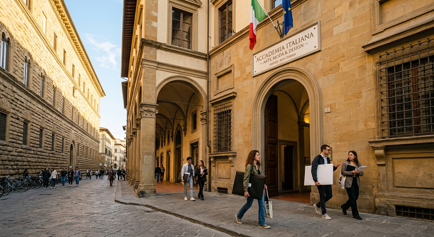 Historic Renaissance building housing Accademia Italiana in Florence, located across from Pitti Palace in the Oltrarno district, with students walking through arched corridors carrying design portfolios, warm Tuscan sunlight illuminating stone facades
