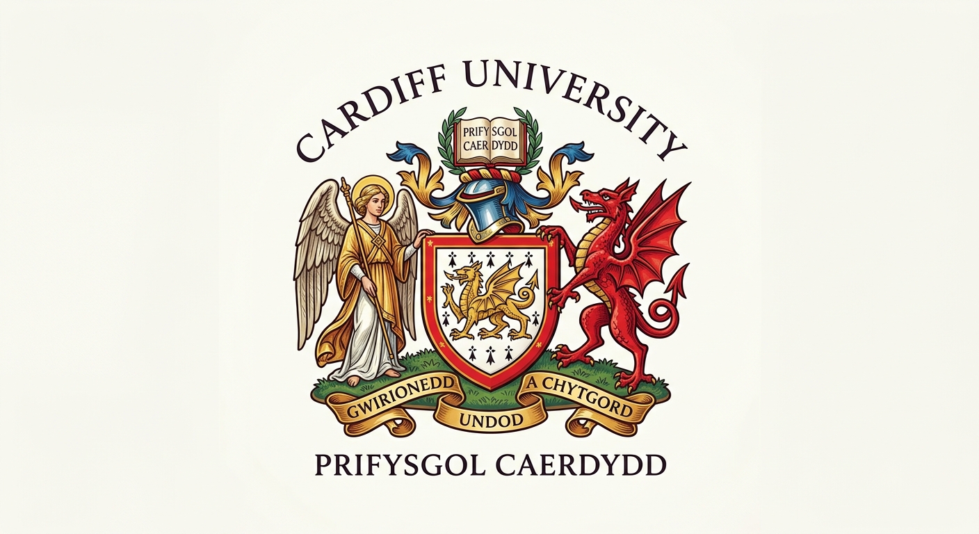 Cardiff University official logo featuring a shield with a Welsh dragon crest, angel and dragon supporters, and the motto Gwirionedd Undod a Chytgord