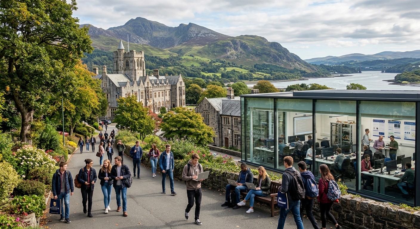 Bangor University campus with historic stone buildings nestled between Snowdonia mountains and the Menai Strait, students walking along tree-lined paths with laptops, modern computer science laboratory visible through glass windows
