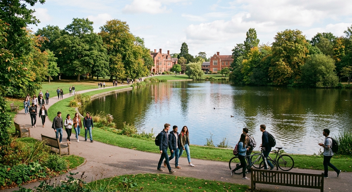 Whiteknights campus lake surrounded by mature trees and green lawns, red-brick university buildings in background, students walking along pathways